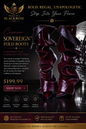 Promotional product image for the Petals of a Blackrose LLC Crimson Sovereign Fold Boots. The image features a pair of dark burgundy, structured fold boots with a glossy finish, set against a dark background with a disco ball on the right.